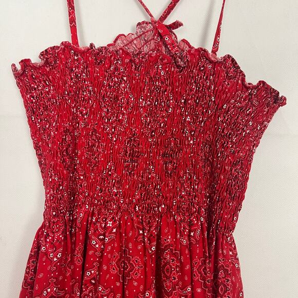 Women's Handkerchief Print Smocked Red Maxi Dress Size S/M - Picture 10 of 13